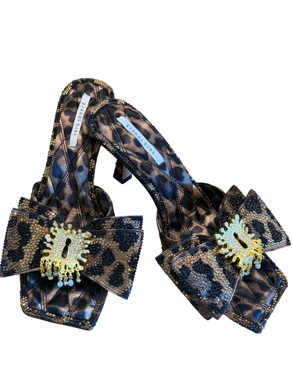 Mob Wife Gianni Bini 7.5M Leopard Rhinestone Bow Mule Heels Embellished NWOB